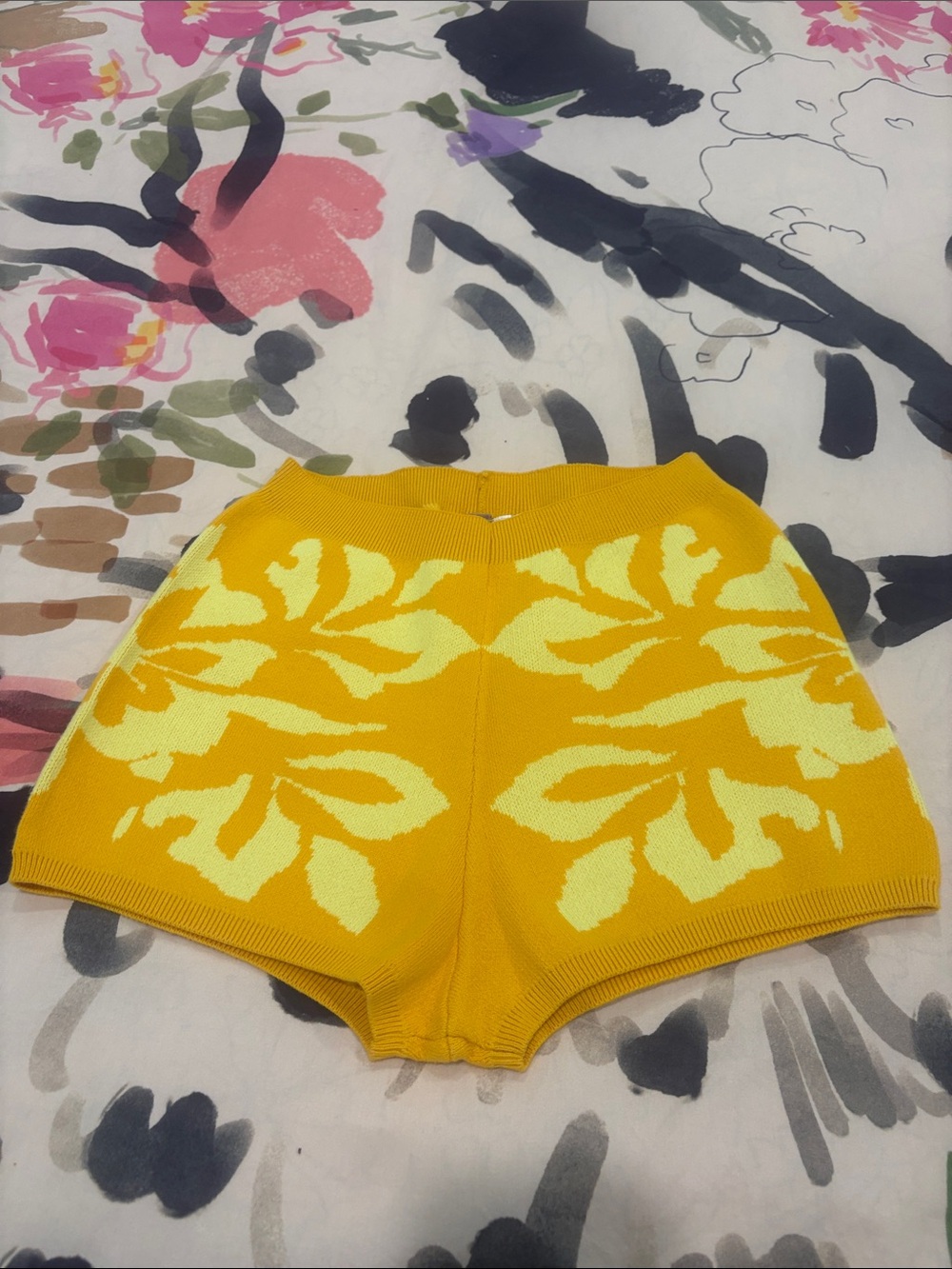 Free People Yellow and Pale Yellow Floral Knit Athletic Shorts